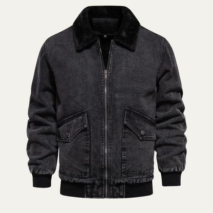 Men’s Washed Denim Bomber Jacket with Faux Fur Collar