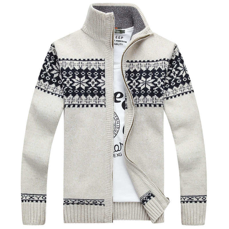 Men’s Sherpa Lined Knit Sweater – Wool Blend Zip-Up – Jacquard Design