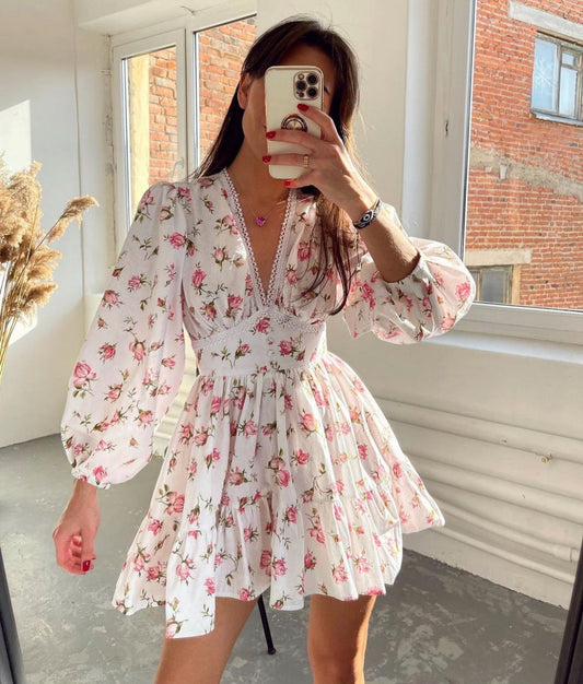 Chic Floral V-Neck Summer Dress with Ruffles - BritishElegance