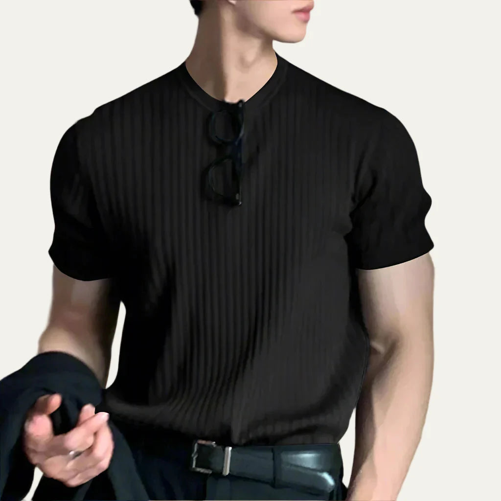 Men’s Ribbed Knit Short Sleeve Band Neck Shirt