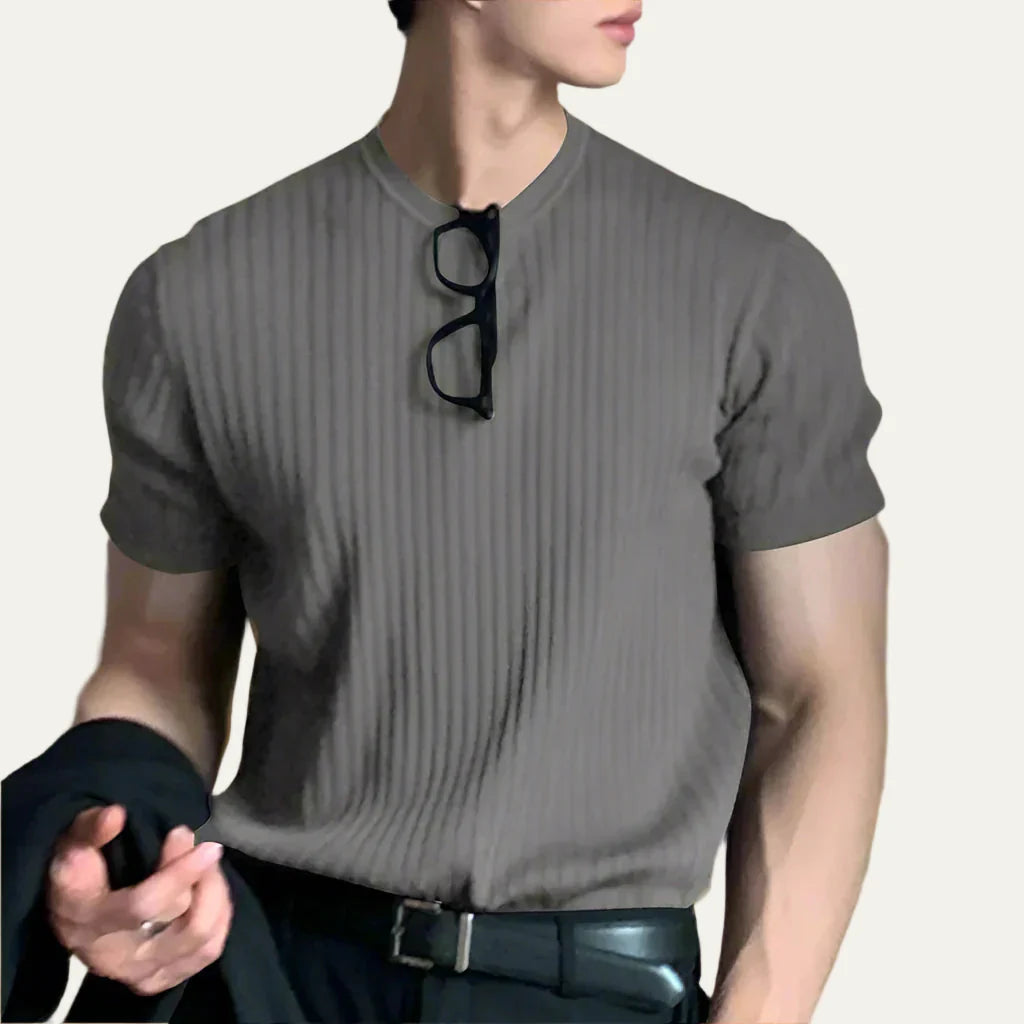 Men’s Ribbed Knit Short Sleeve Band Neck Shirt