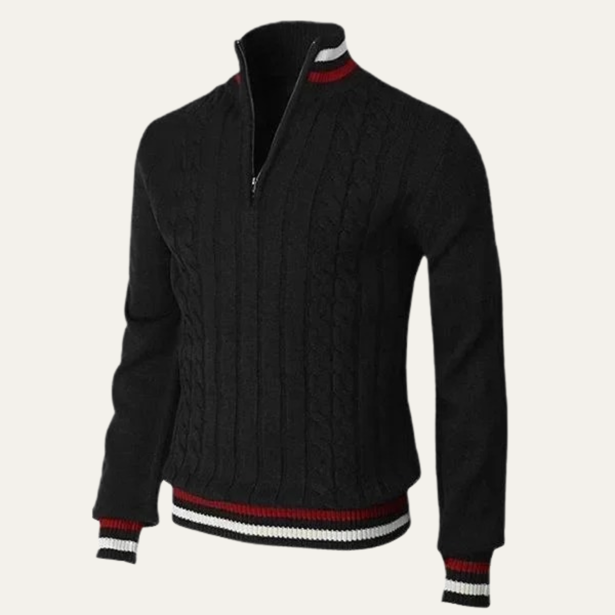 Men’s Cable Knit Quarter Zip Sweater with Contrast Tipping