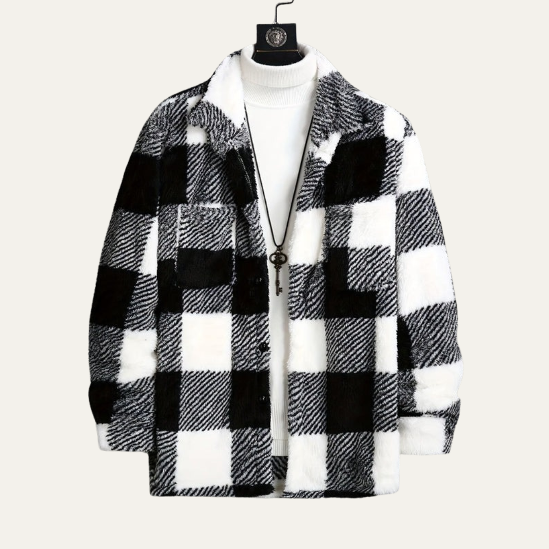 Men’s Fuzzy Plaid Button Up Shirt Jacket