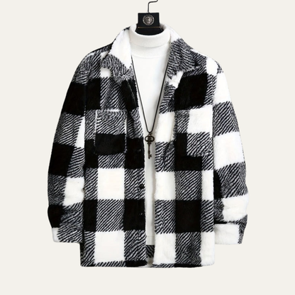 Men’s Fuzzy Plaid Button Up Shirt Jacket