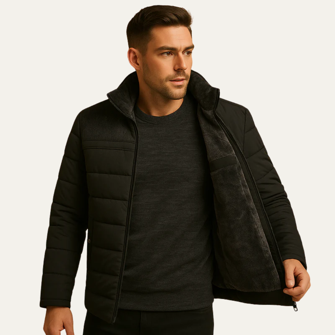 Men’s Quilted Zip Front Puffer Jacket with Textured Shoulder Panels