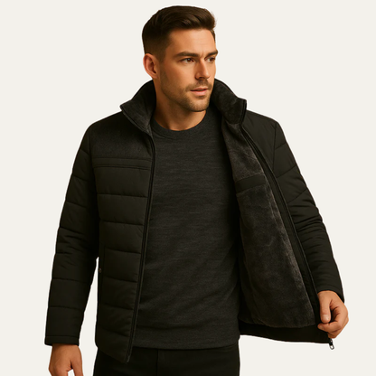 Men’s Quilted Zip Front Puffer Jacket with Textured Shoulder Panels