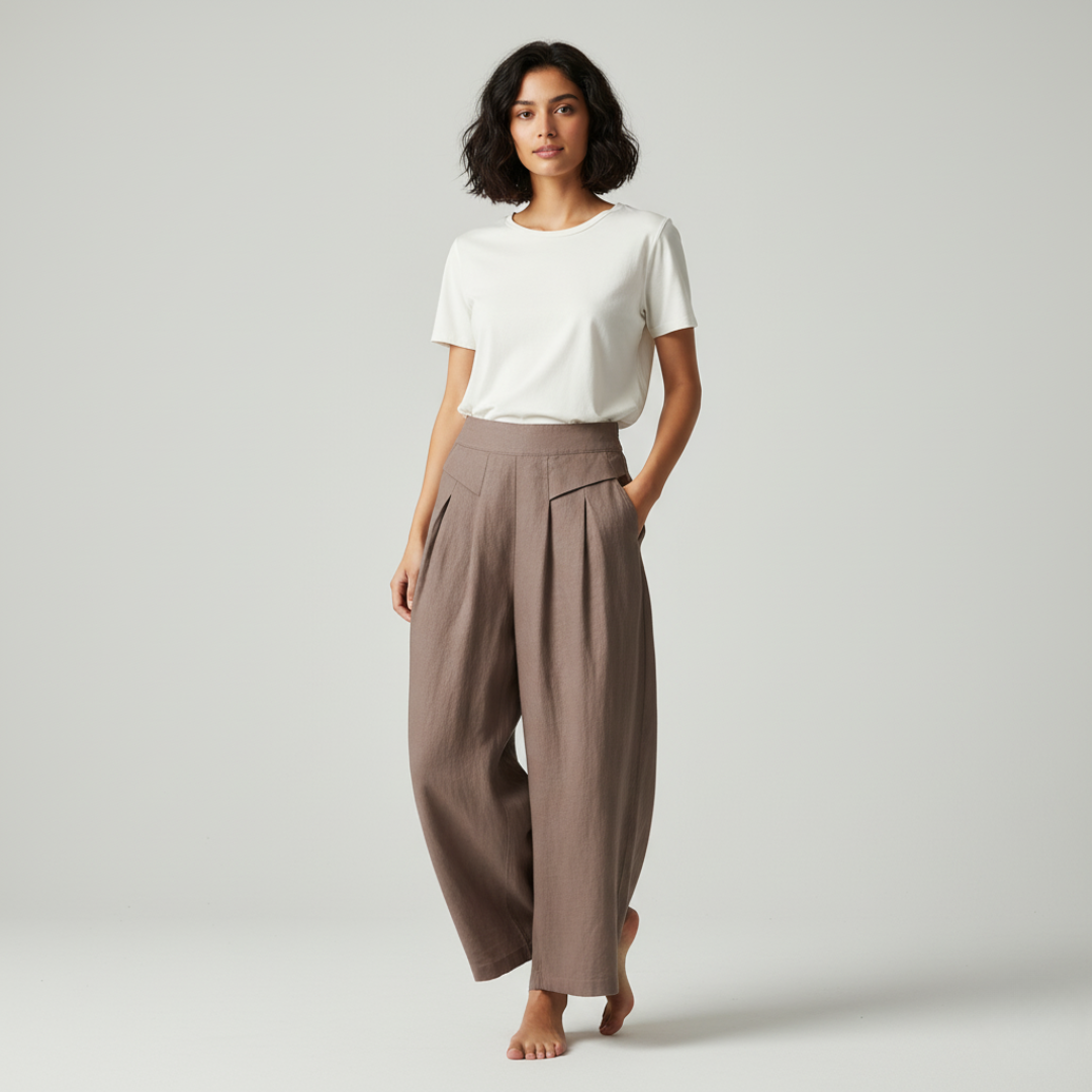 Comfortable Beige Cotton Linen High Waisted Loose Fit Pants