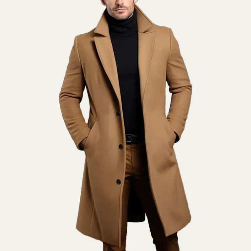 Men’s Long Tailored Overcoat with Wide Lapels