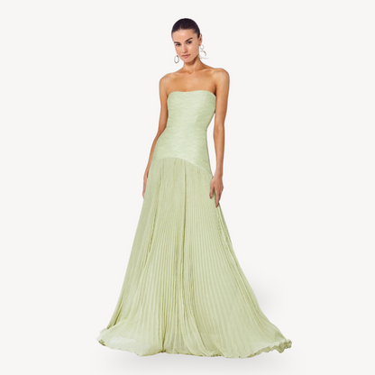 Women's Green Pleated Strapless Gown