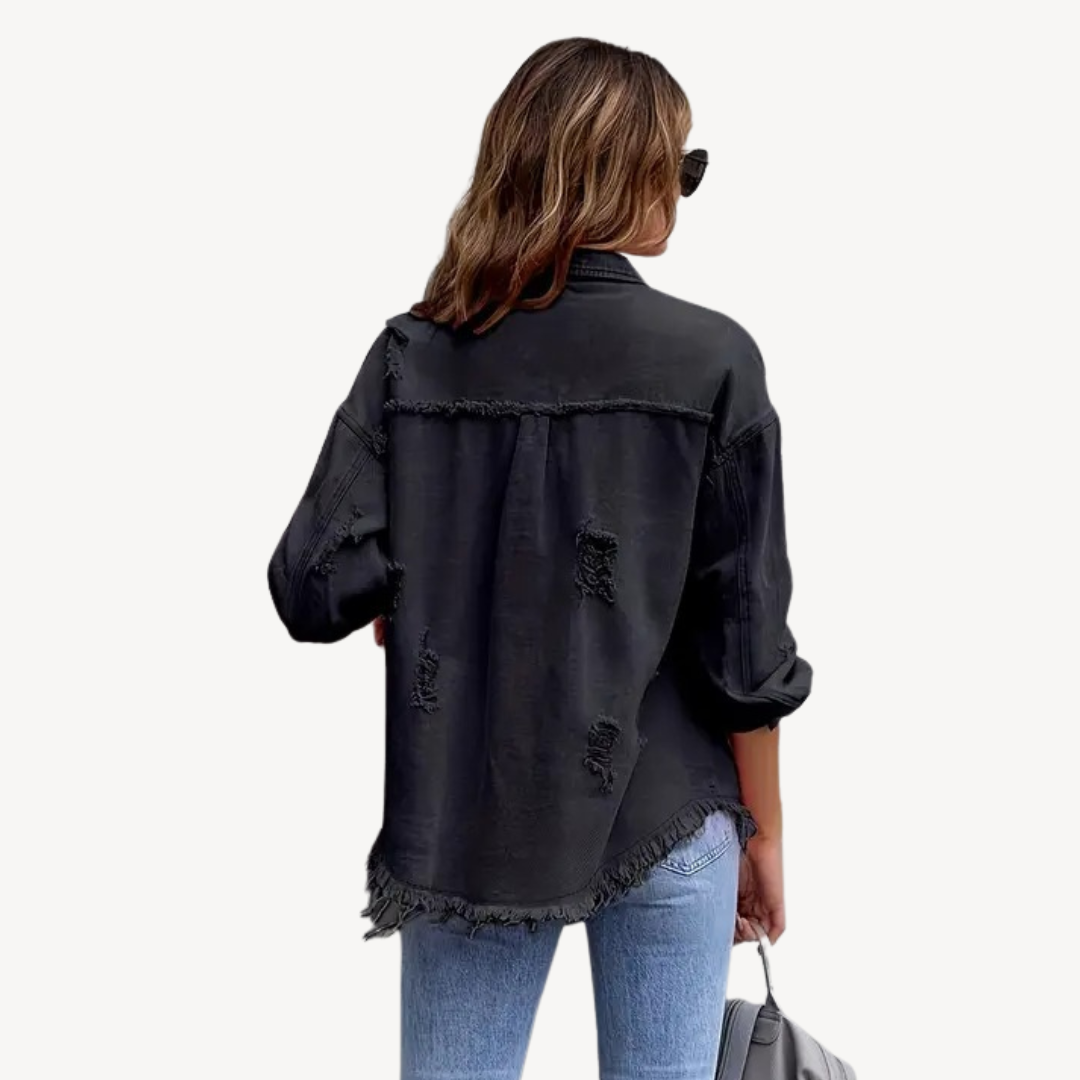 Black Distressed Denim Button-Up Jacket