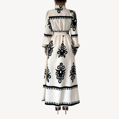 Black and White Floral Printed Maxi Dress with Belt for Women