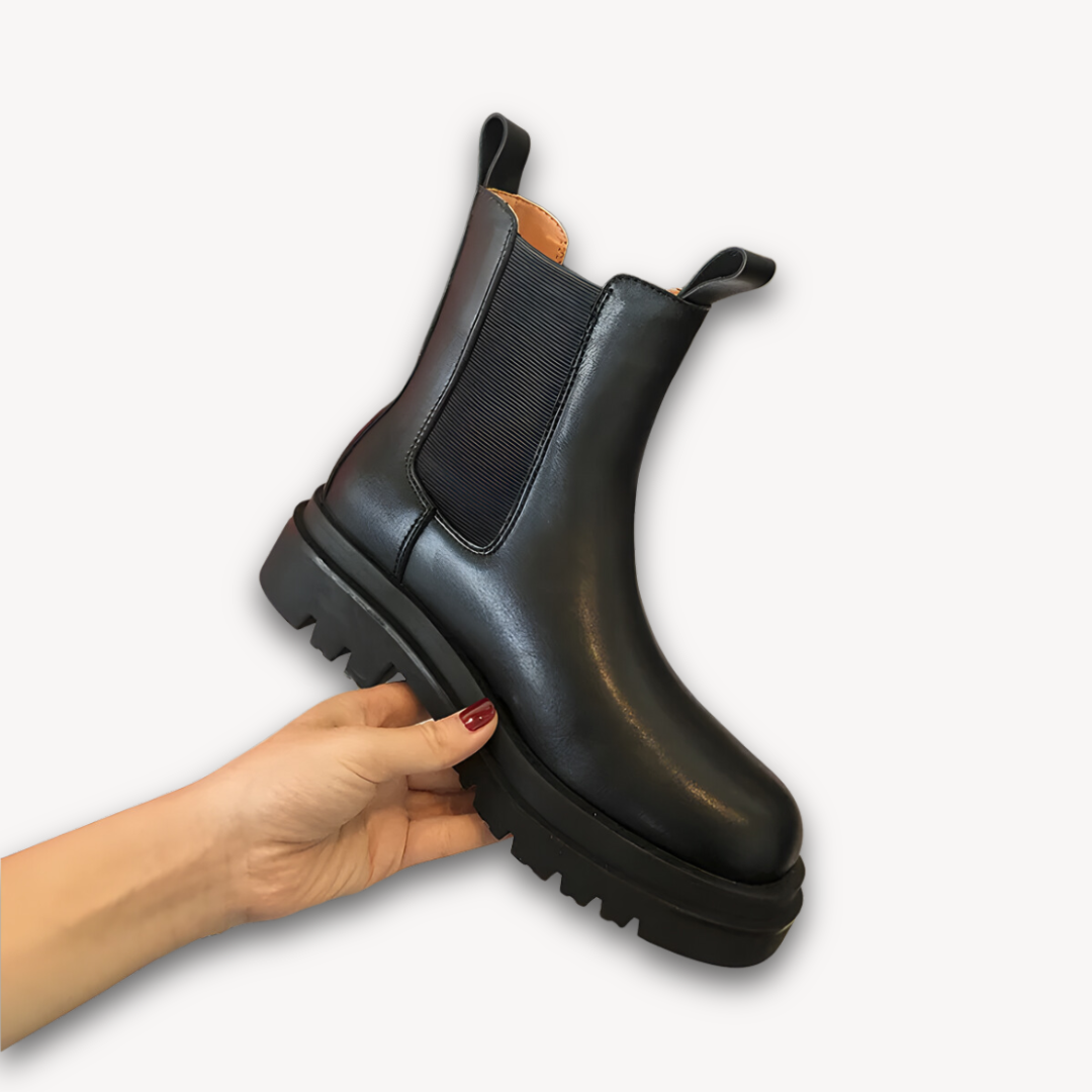 Woman’s Black Leather Chelsea Boots - Chunky Sole, Slip-On, Durable, Stylish Casual Footwear