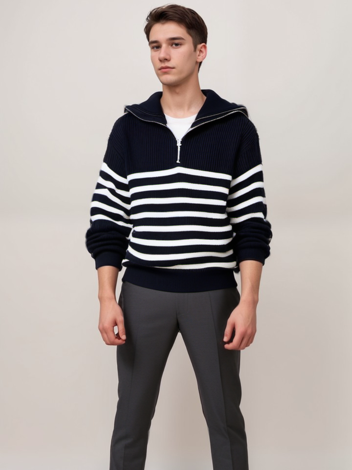 Warm Mens Striped Zip Knit Sweater