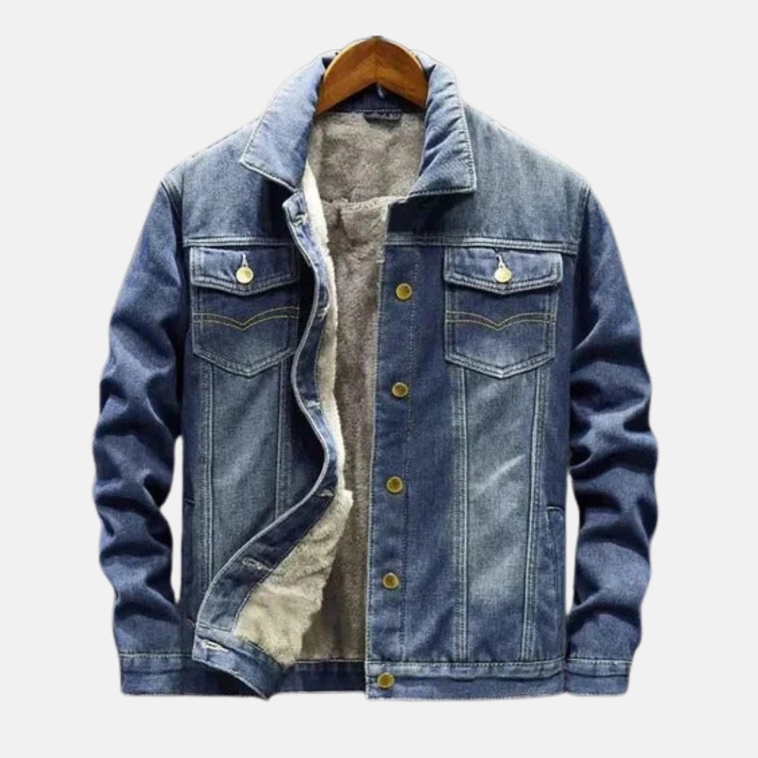 Men’s Denim Trucker Jacket – Relaxed Fit – Sherpa Lining – Button Front – Chest Pockets