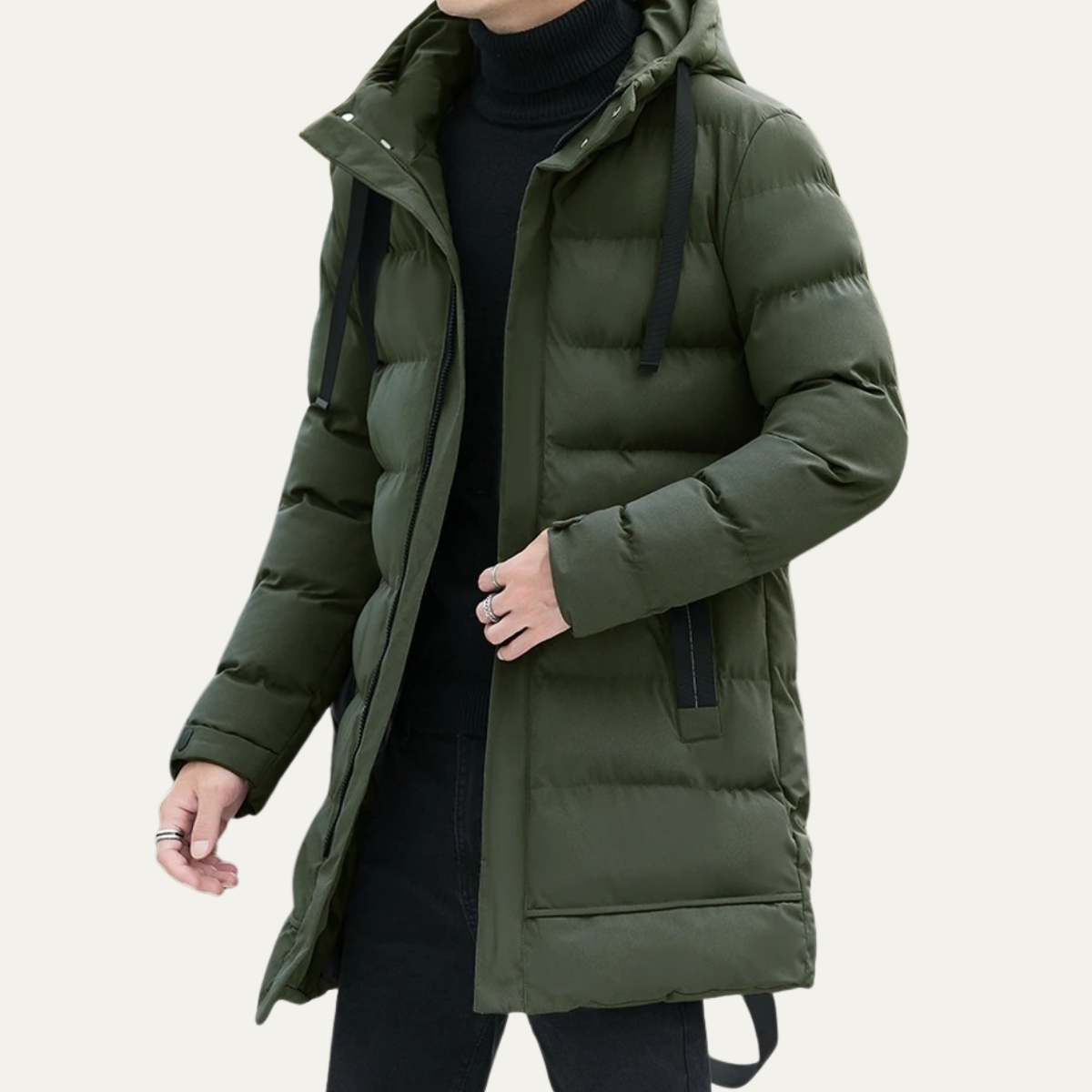 Men’s Long Line Hooded Puffer Coat with Full Zip Closure