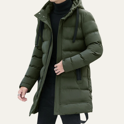 Men’s Long Line Hooded Puffer Coat with Full Zip Closure