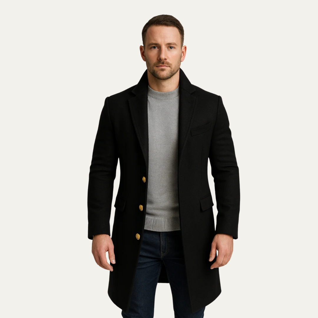 Men’s Gold-Button Mid-Length Topcoat