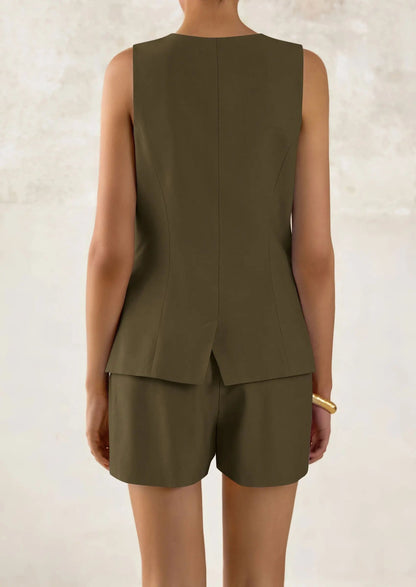 Casual Trendy Button Down Vest Tops High Waisted Shorts Business Two Piece Sets