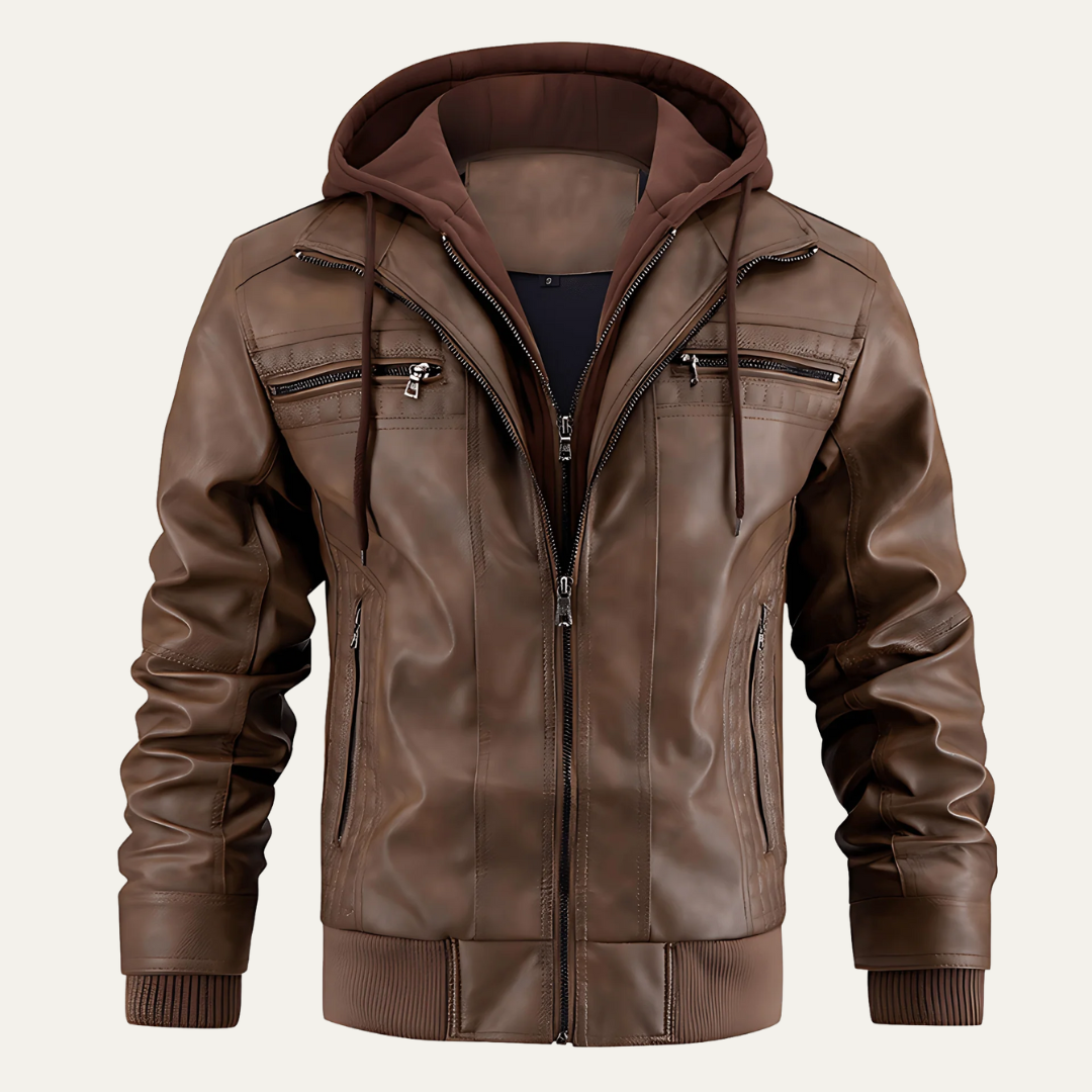 Men’s Layered Faux Leather Moto Jacket with Hood