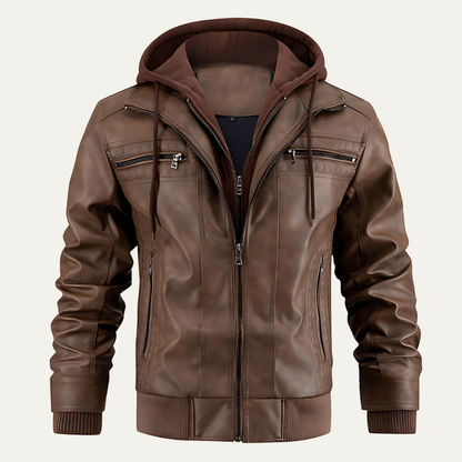 Men’s Layered Faux Leather Moto Jacket with Hood