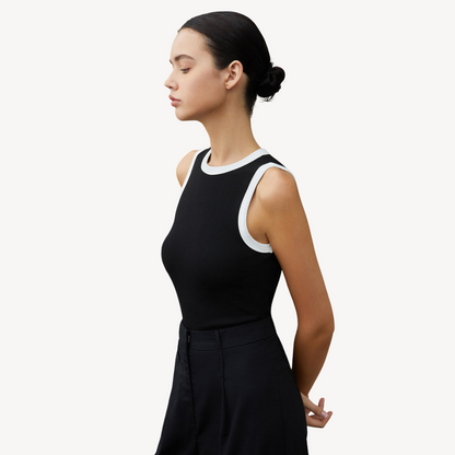 Black Sleeveless Tank Top with White Trim for Women