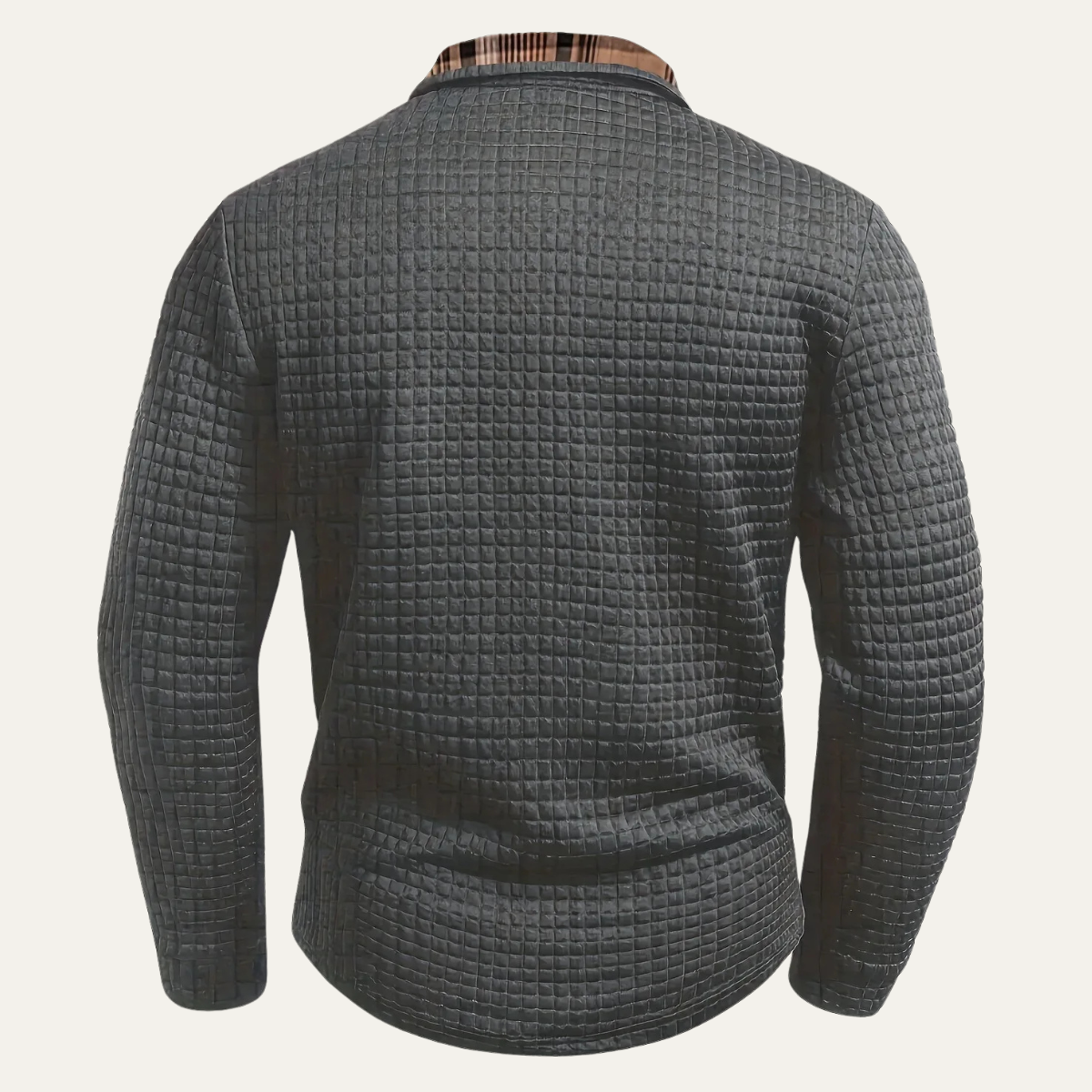 Men’s Textured Long Sleeve Polo with Plaid Collar