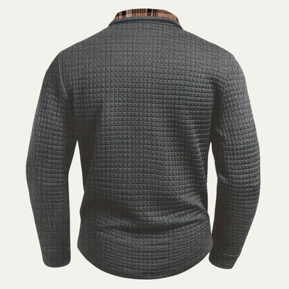 Men’s Textured Long Sleeve Polo with Plaid Collar