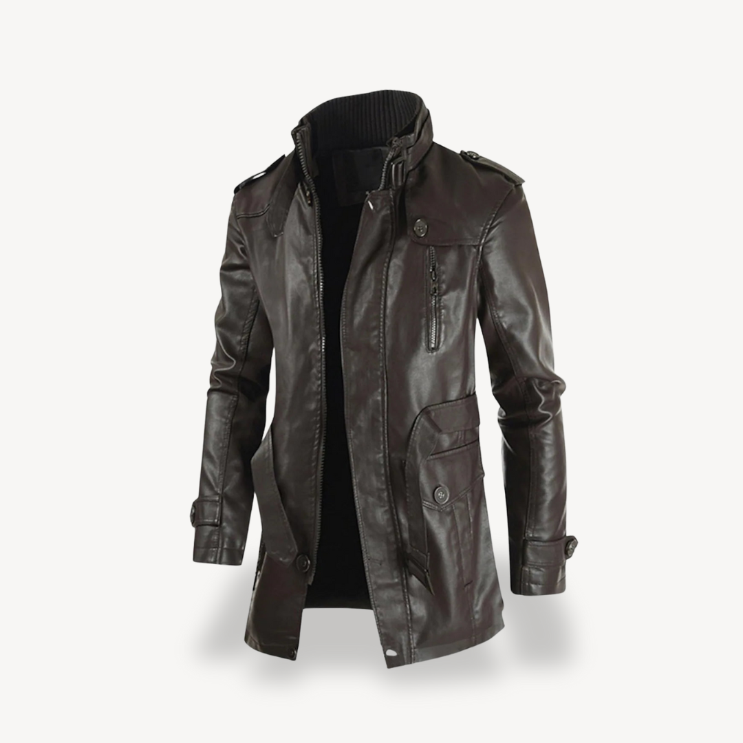Men’s Faux Leather Long Biker Jacket Casual Zip Coat