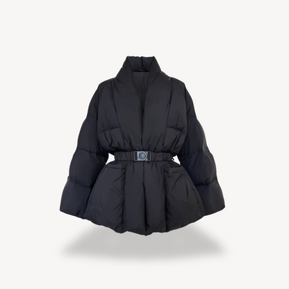 Women’s Black Puffer Jacket with Belt – Polyester