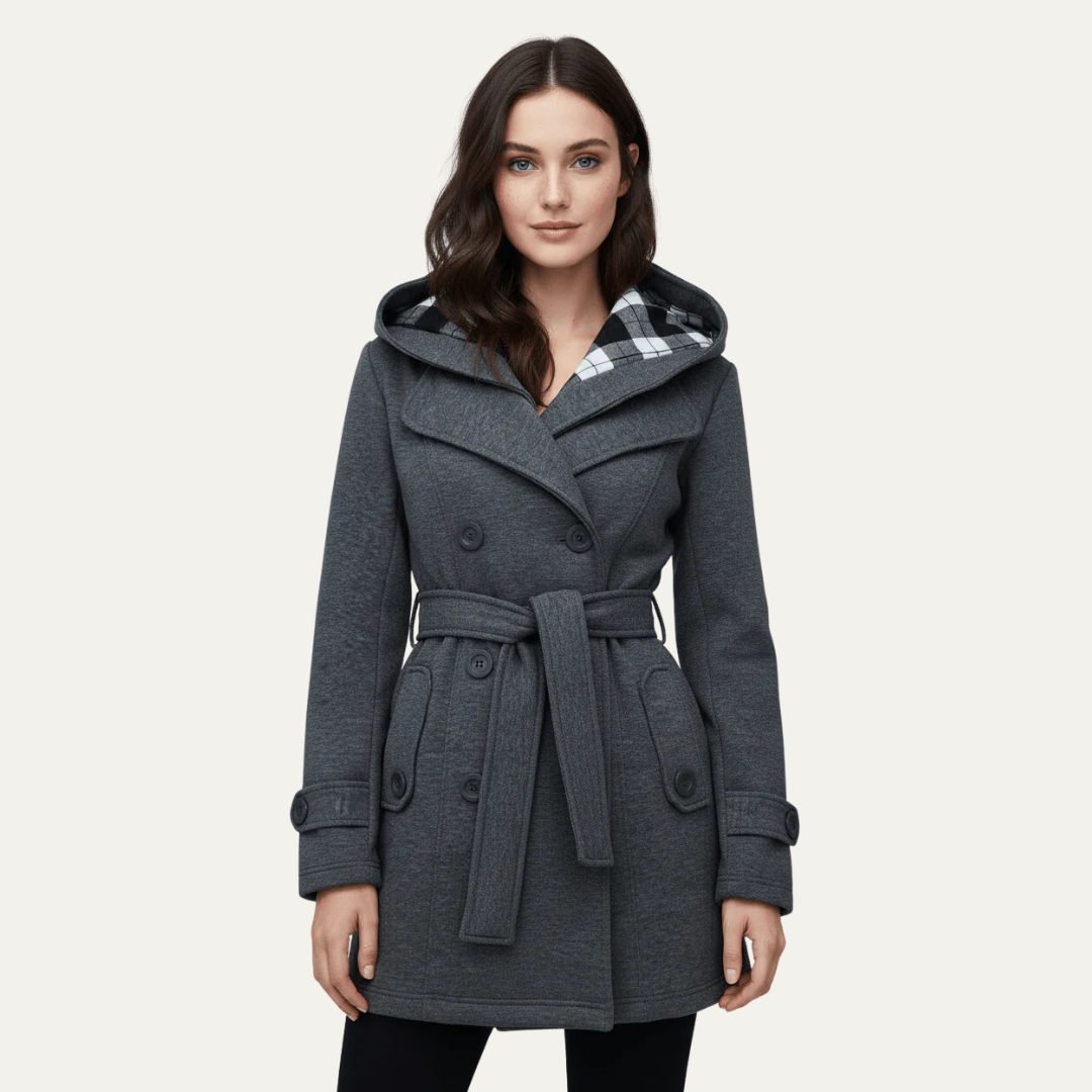 Women’s Belted Double-Breasted Wool Coat with Hood