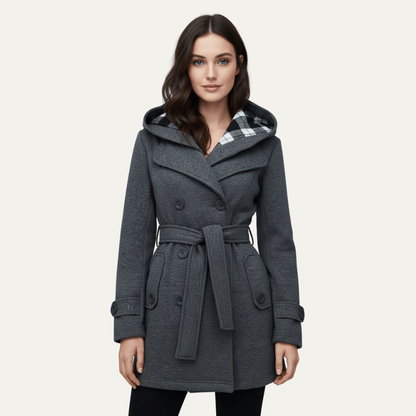 Women’s Belted Double-Breasted Wool Coat with Hood