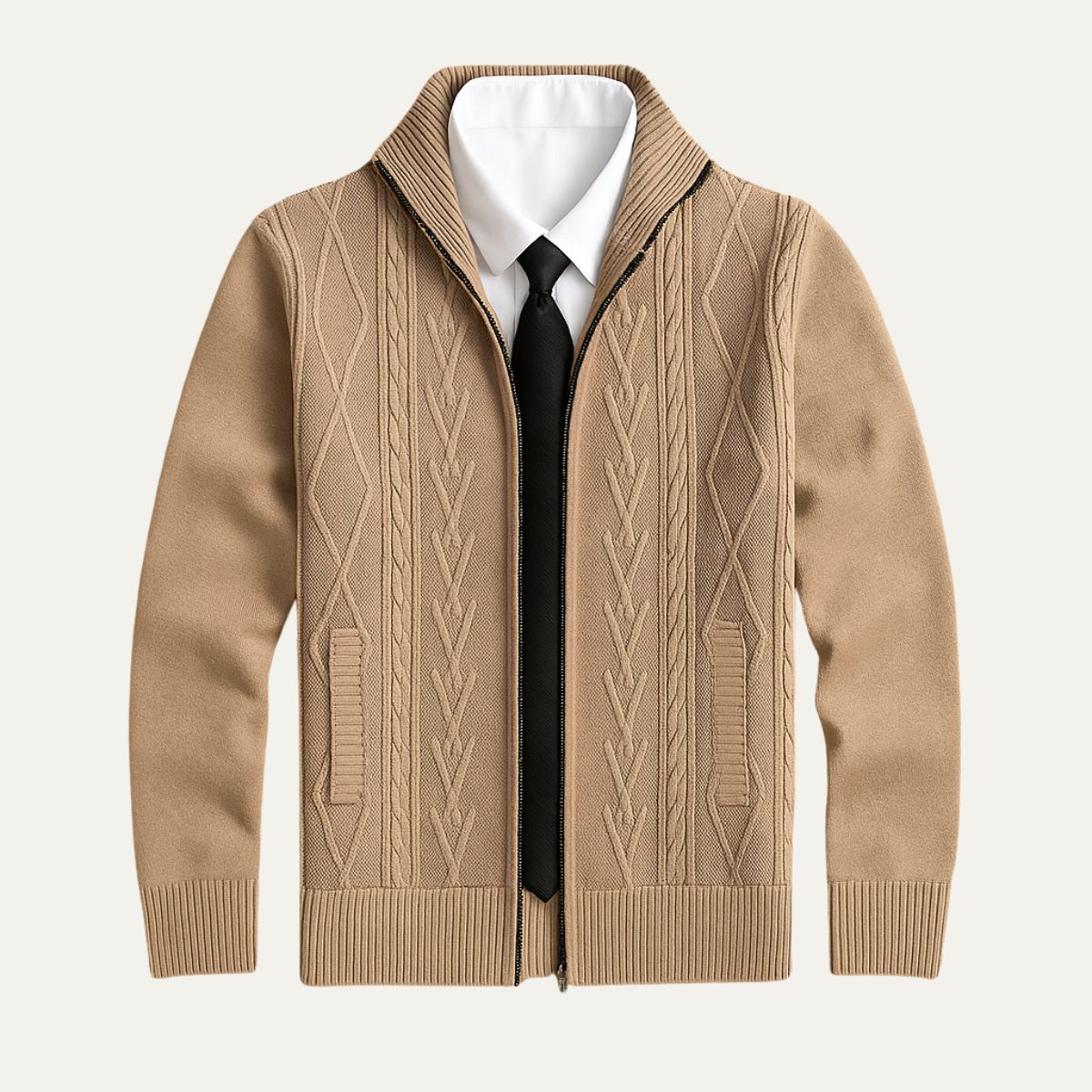 Men’s Full Zip Cable and Diamond Knit Cardigan