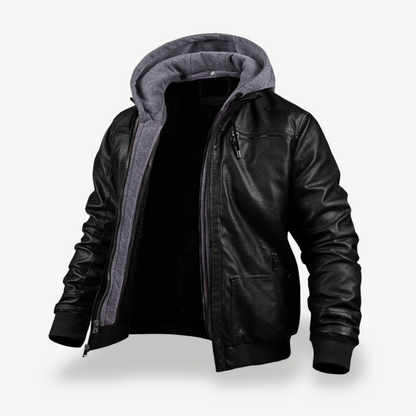 Men's Faux Leather Bomber Jacket with Hood