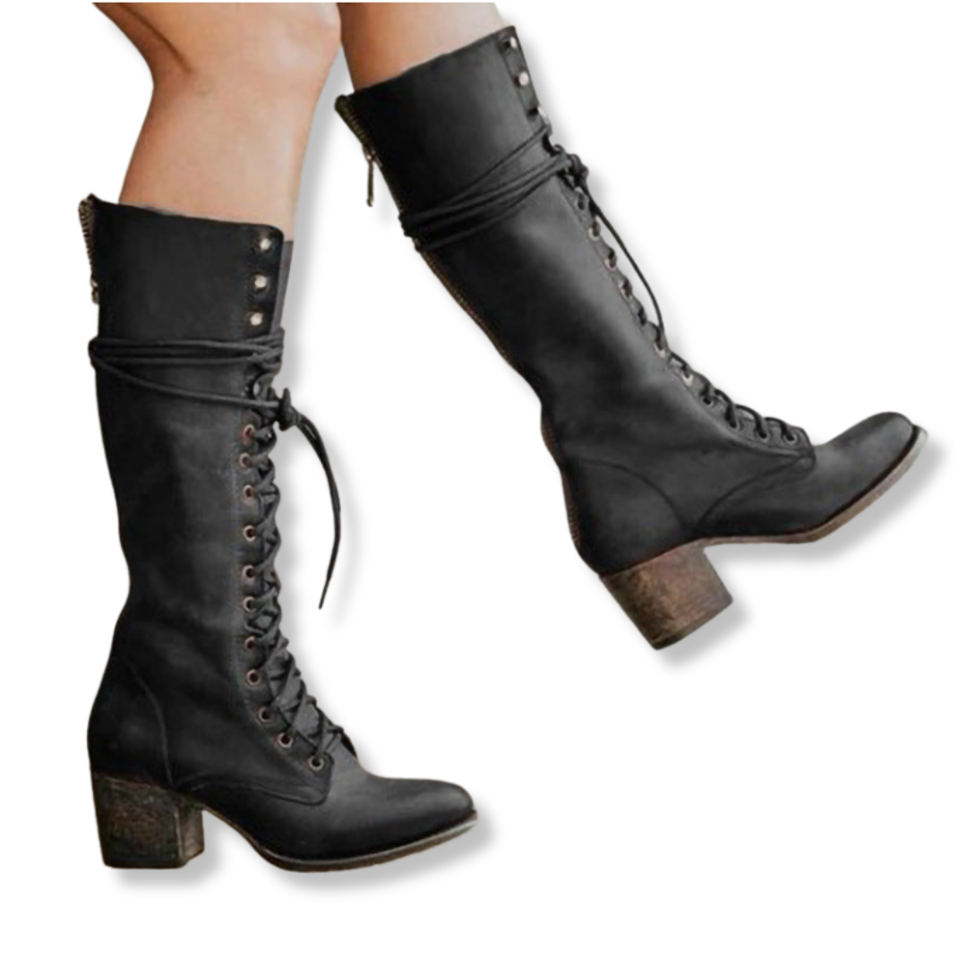 Isla Lace-Up Knee Boots | Block Heel Fold-Over Cuff Boots