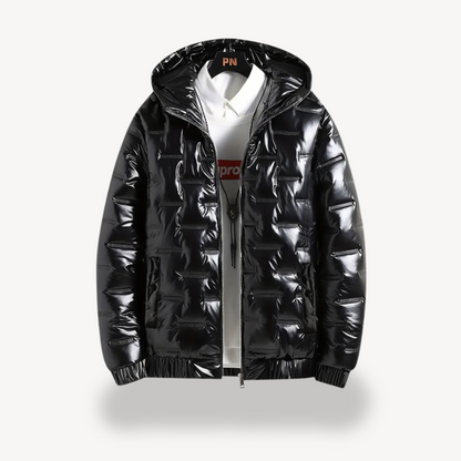 Men's Shiny Black Hooded Puffer Jacket