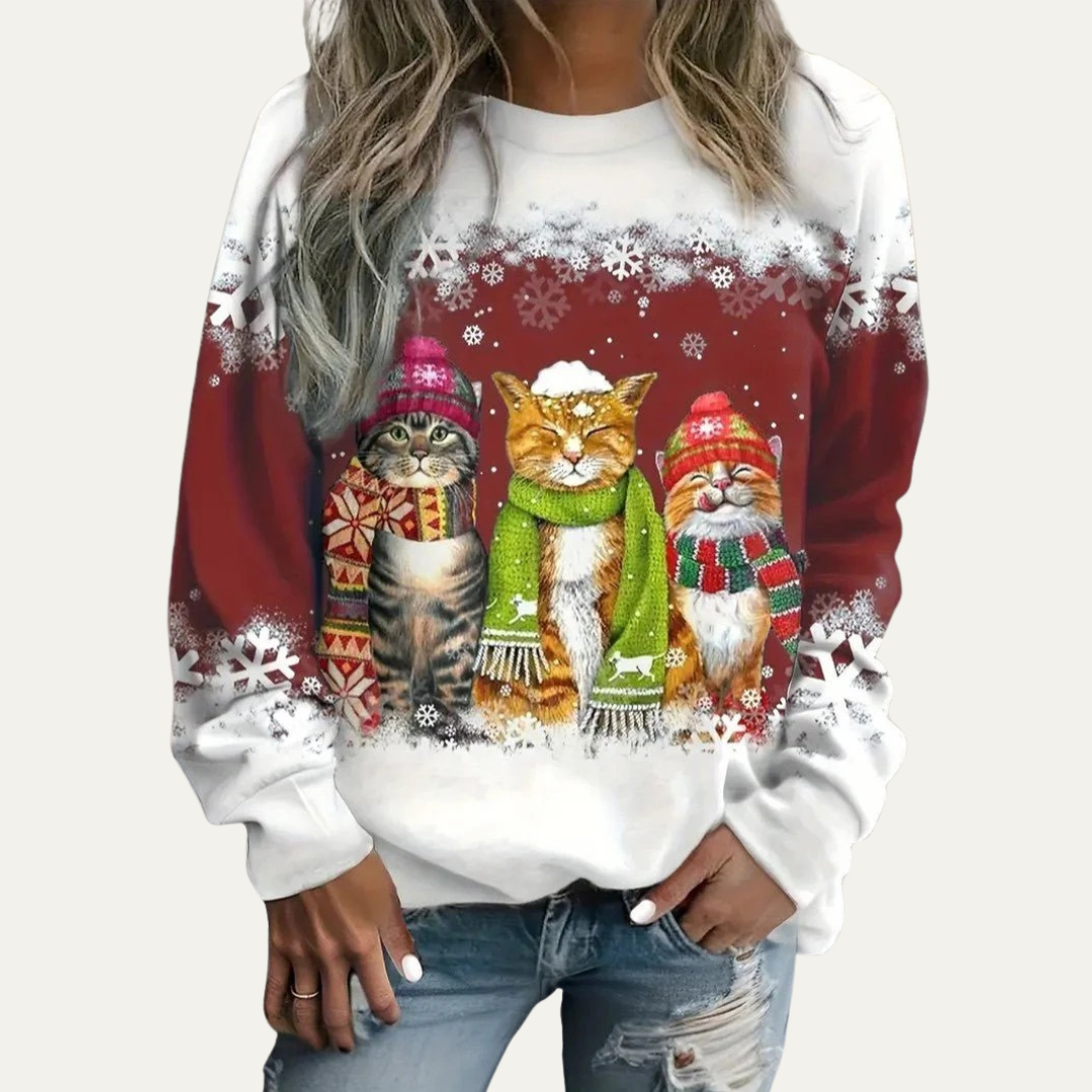 Women’s Winter Cats Printed Crewneck Sweater