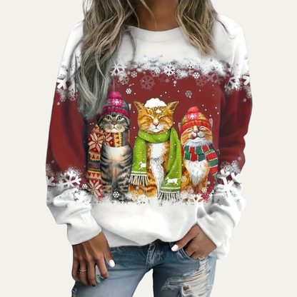 Women’s Winter Cats Printed Crewneck Sweater