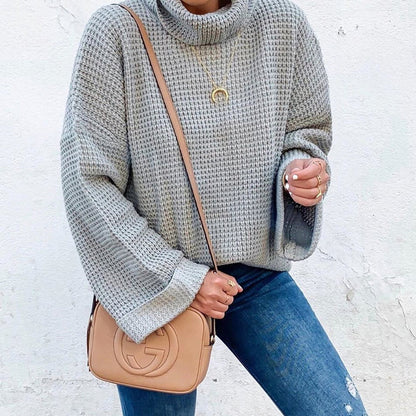 Warm Women's Crew Neck Knit Sweater with Puffy Sleeves