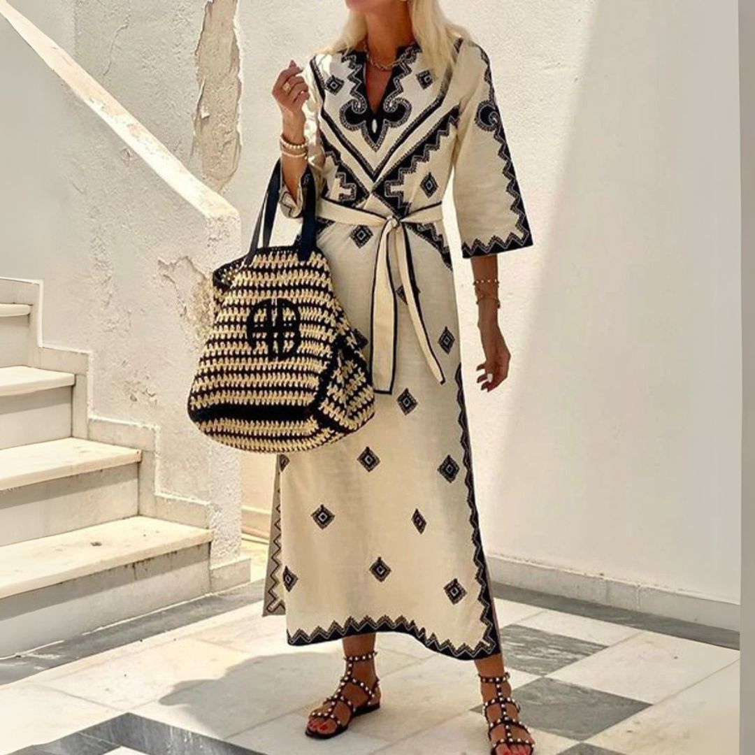 Women's Kaftan Maxi Dress Embroidered V-Neck