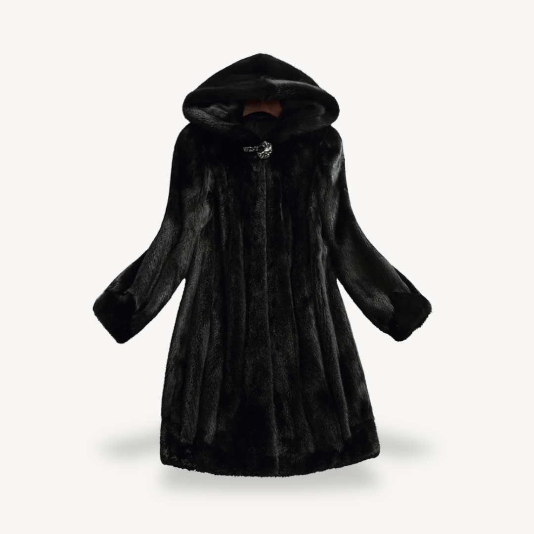 Women's Black Faux Fur Hooded Winter Coat Long Sleeve