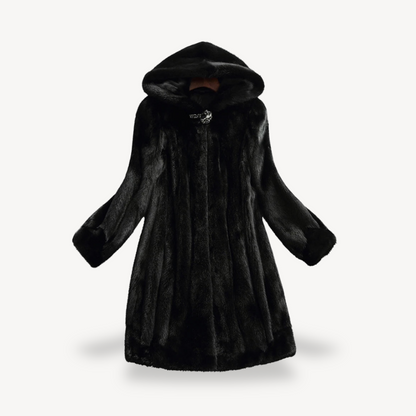 Women's Black Faux Fur Hooded Winter Coat Long Sleeve