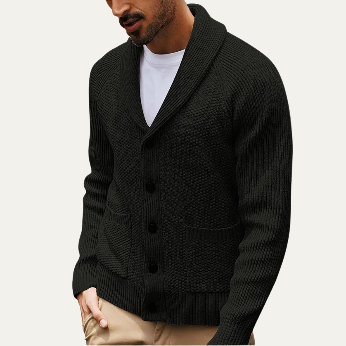 Men’s Shawl Collar Textured Knit Cardigan with Patch Pockets