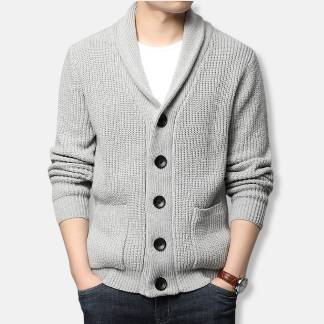 Men’s Cardigan Sweater – Regular Fit – Chunky Ribbed Knit – Shawl Collar – Button Front