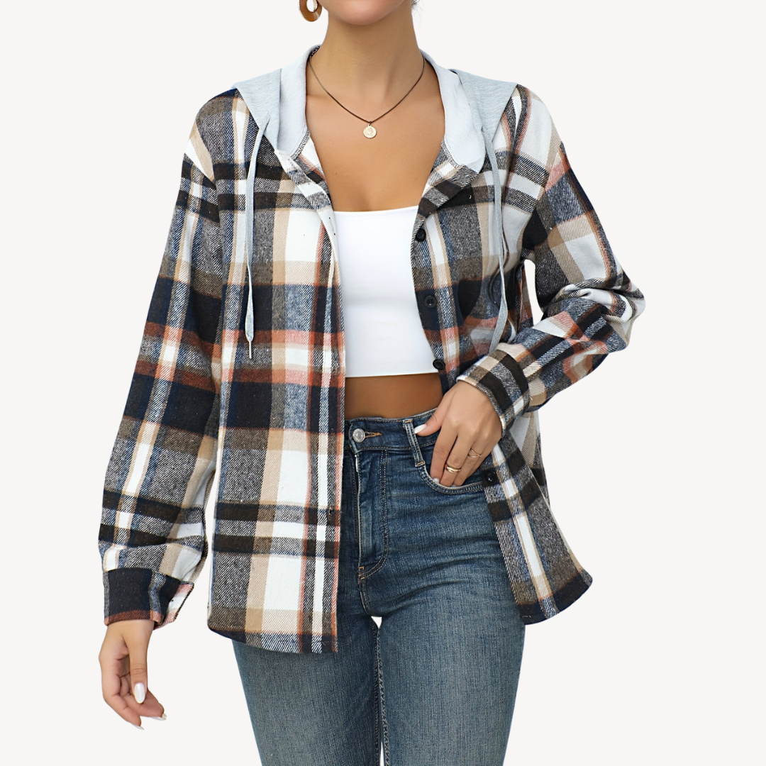Women's Plaid Button Down Shaket with Hoodie
