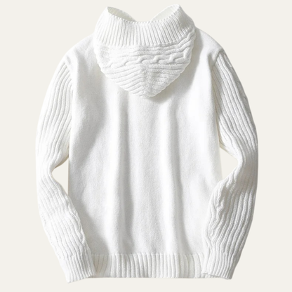 The Trieste Men's White Hooded Cable Knit Winter Cardigan