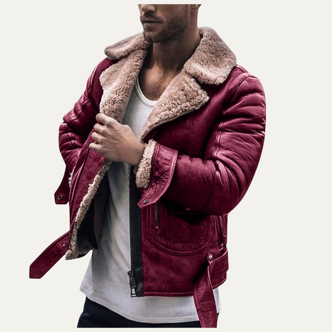 Men’s Rugged Shearling Flight Jacket with Belted Hem