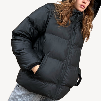 Women’s Black Hooded Puffer Jacket Winter Polyester Coat