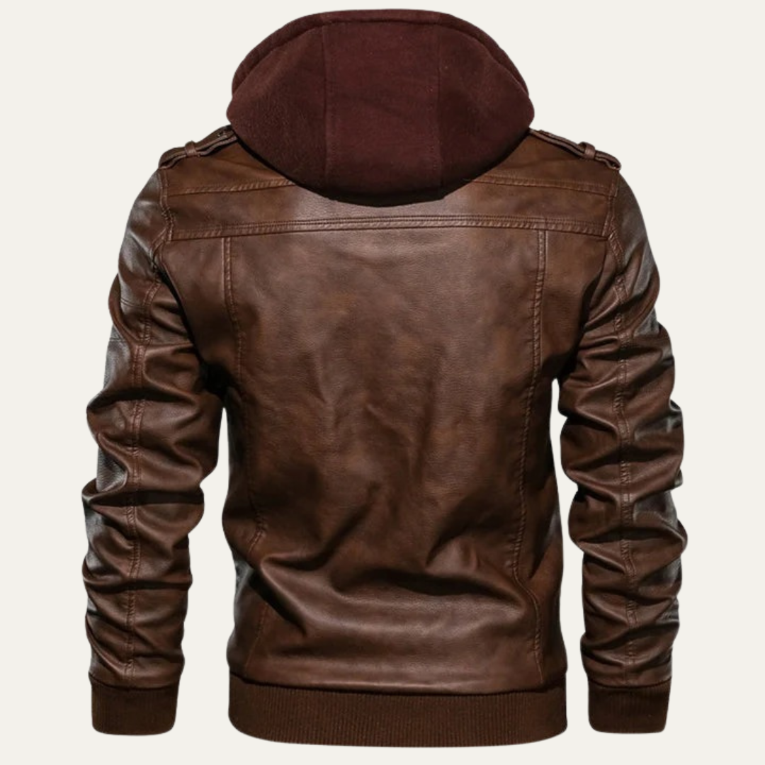 Men’s Faux Leather Moto Jacket with Layered Hood