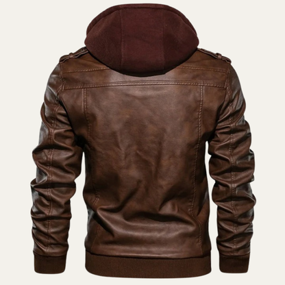 Men’s Faux Leather Moto Jacket with Layered Hood