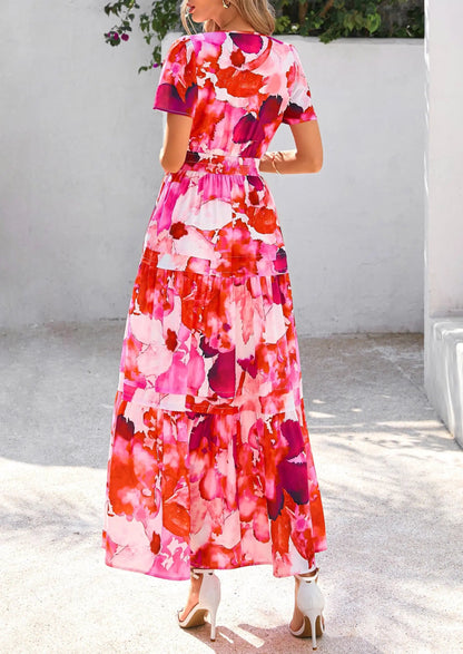 Boho Floral Short Sleeve V Neck A Line Tiered Ruffle Flowy Long Beach Vacation Maxi Dresses